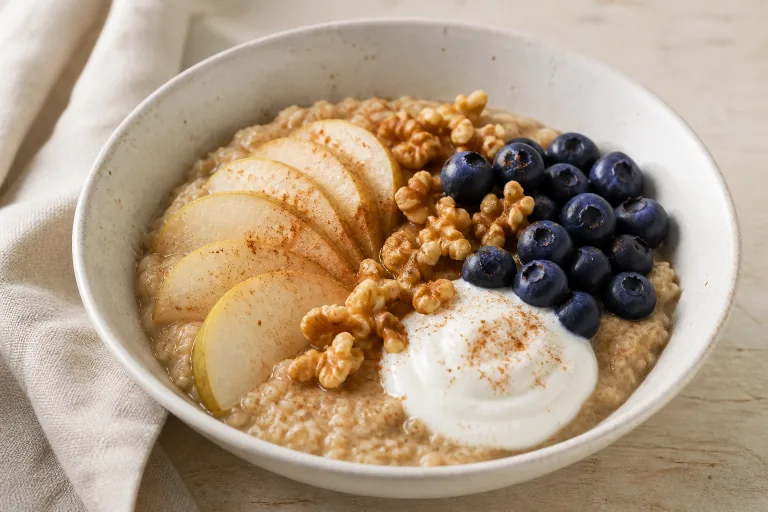Editorial image showing dash oat bran pear walnut porridge.