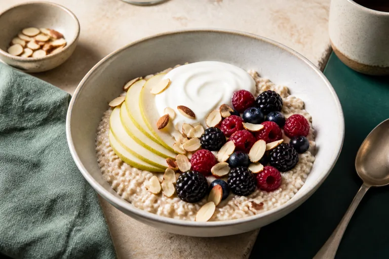 DASH-style oatmeal with berries, almonds, pear, and plain yogurt.