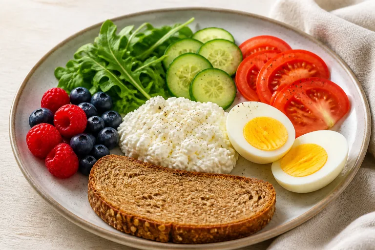 Editorial image showing diabetes cottage cheese vegetable breakfast plate.