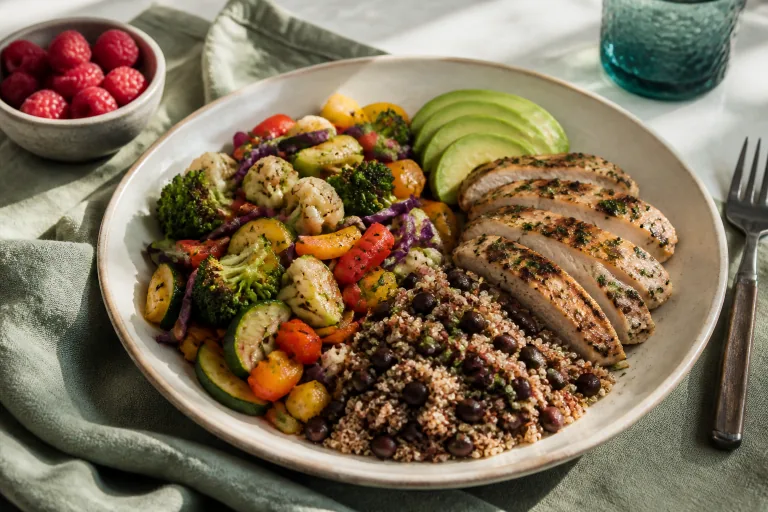 Diabetes-friendly balanced plate with grilled chicken, non-starchy vegetables, quinoa, black beans, avocado and raspberries.