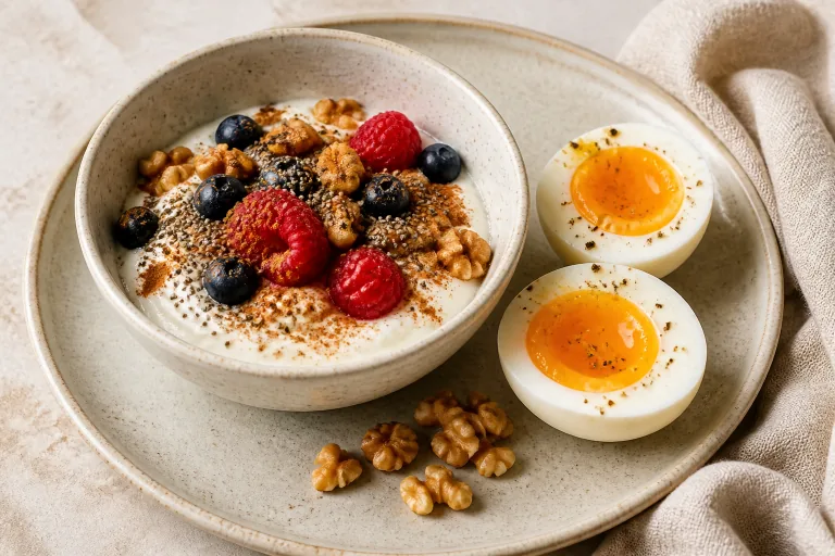 Editorial image showing galveston yogurt berry walnut egg breakfast.