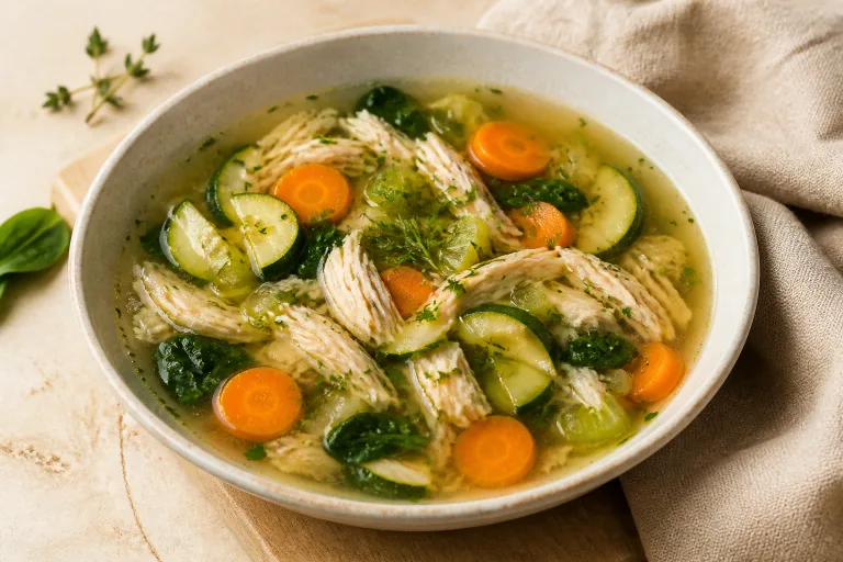 Editorial image showing gaps chicken broth vegetable soup.