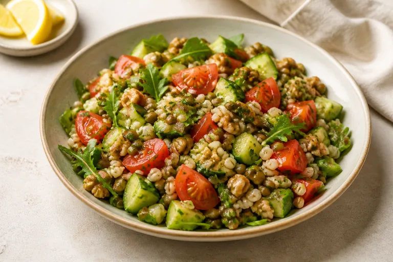 Editorial image showing glycemic index lentil barley vegetable salad.