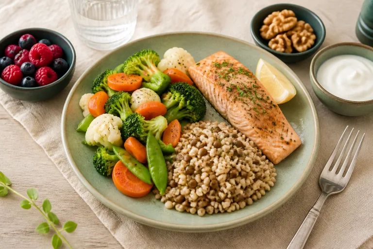 Balanced plate with salmon, non-starchy vegetables, barley and lentils, plus berries, walnuts and plain yogurt.