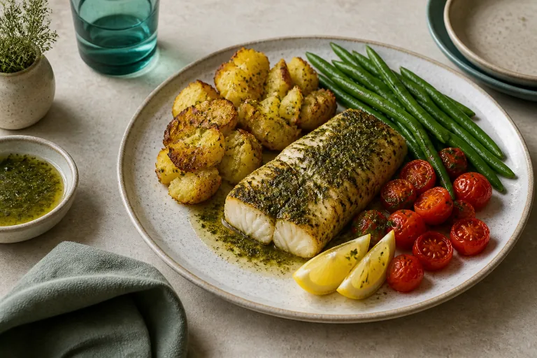 Herb-roasted cod with crushed potatoes, green beans, tomatoes and lemon.