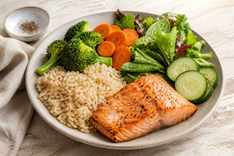 Editorial image showing if168 salmon brown rice vegetable dinner.