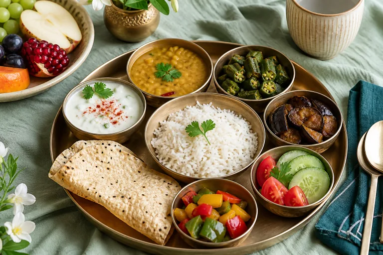 Jain vegetarian thali with lentil dal, rice, okra, eggplant, peppers, cucumber, tomatoes, yogurt, papad and fruit.