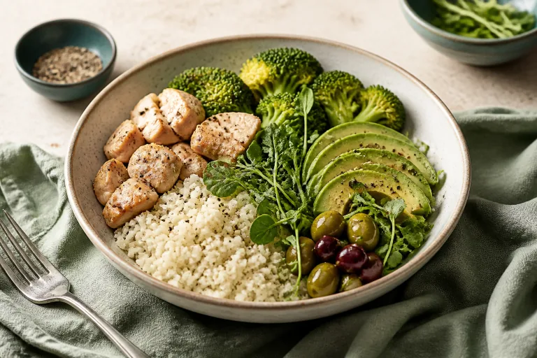 Keto Cauliflower Rice Chicken Avocado Bowl.