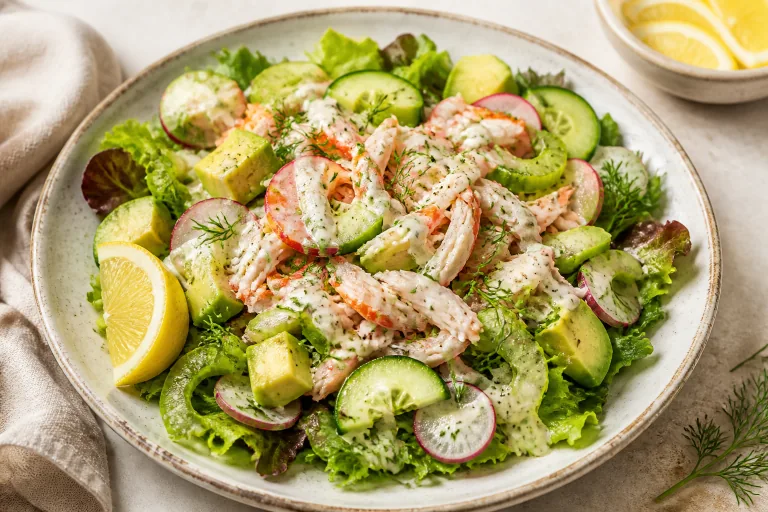 Editorial image showing keto crab avocado cucumber salad.