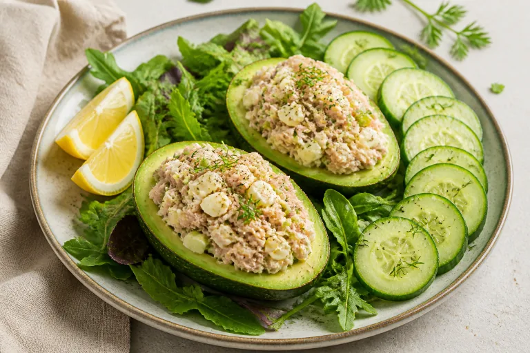 Editorial image showing keto tuna egg stuffed avocado.