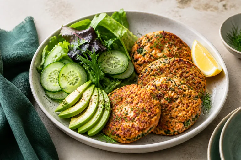 Keto-style zucchini and salmon fritters with avocado, greens, cucumber, herbs, and lemon.