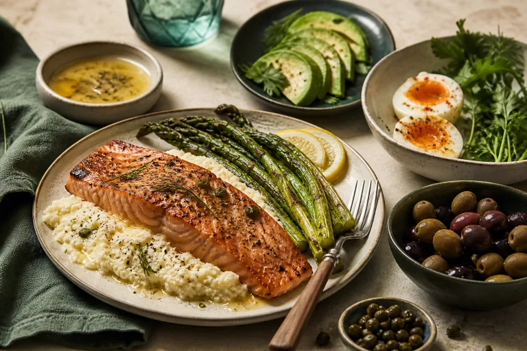 Ketogenic meal with seared salmon, cauliflower mash, asparagus, avocado, eggs, olives and herbs.
