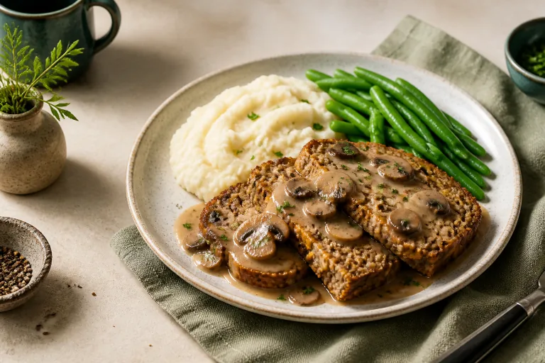 Lentil walnut loaf with mushroom gravy, mashed cauliflower and green beans.