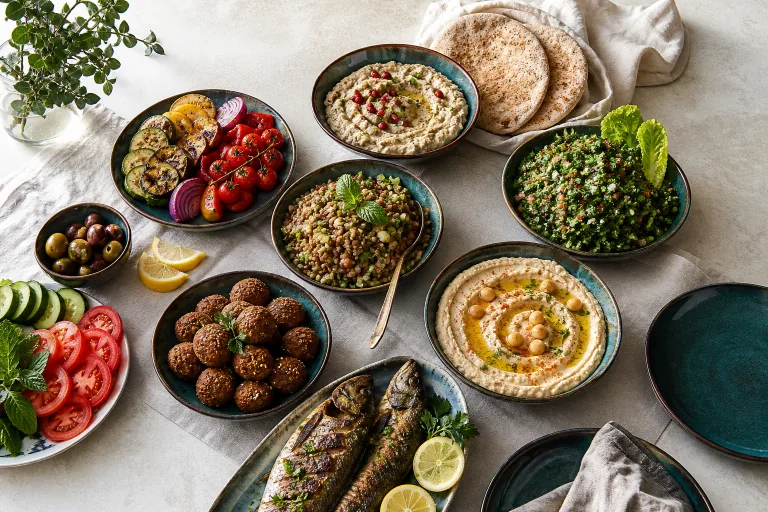 Levantine halal mezze with hummus, tabbouleh, lentils, falafel, grilled vegetables, pita, olives and grilled fish.