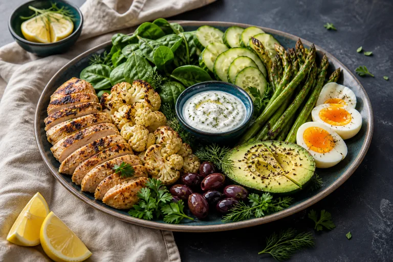 Low-carb halal platter with grilled chicken, eggs, avocado, cauliflower, asparagus, spinach, cucumber, olives and yogurt sauce.