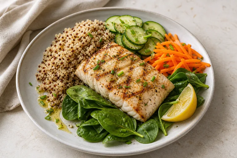 Editorial image showing low fodmap mahi mahi quinoa cucumber.