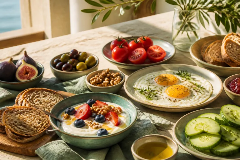 Mediterranean breakfast with yogurt, berries, walnuts, figs, whole-grain bread, tomatoes, cucumber, olives and eggs.