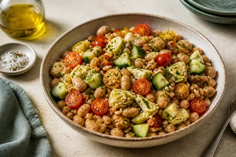 Mediterranean farro salad with artichokes, white beans, tomatoes, cucumber, herbs, lemon, and olive oil.