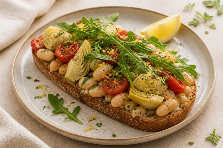 Editorial image showing mediterranean white bean artichoke tomato toast.