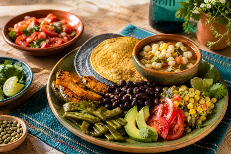 Mexican milpa plate with corn tortillas, black beans, squash, hominy, nopales, avocado, tomatoes and pumpkin seeds.