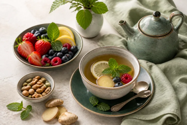 Herbal mint and ginger tea with berries, citrus and nuts.