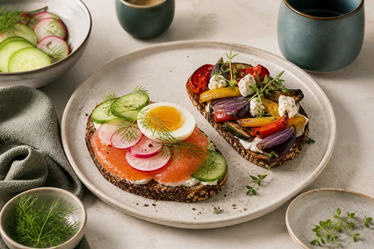 Nordic open rye sandwiches with smoked salmon, cucumber, radish, dill, egg and vegetables.