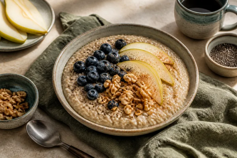 Oat porridge with blueberries, pear, walnuts, chia and cinnamon.