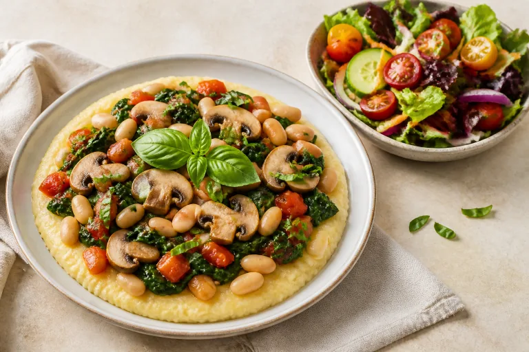 Editorial image showing ornish polenta mushroom spinach tomato plate.