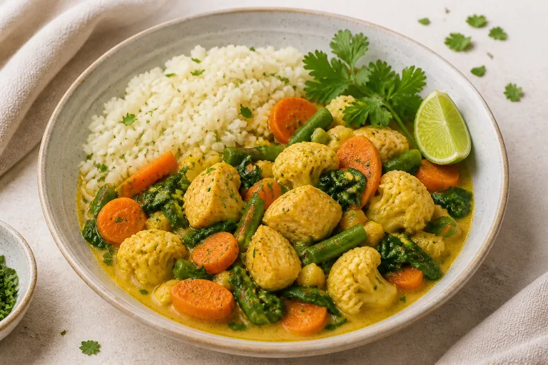 Editorial image showing paleo coconut chicken vegetable curry.