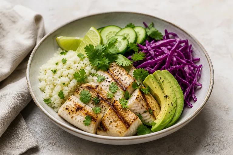 Editorial image showing paleo mahi mahi coconut cauliflower bowl.