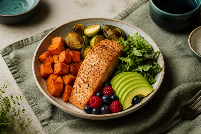 Paleo Salmon Sweet Potato Vegetable Meal.