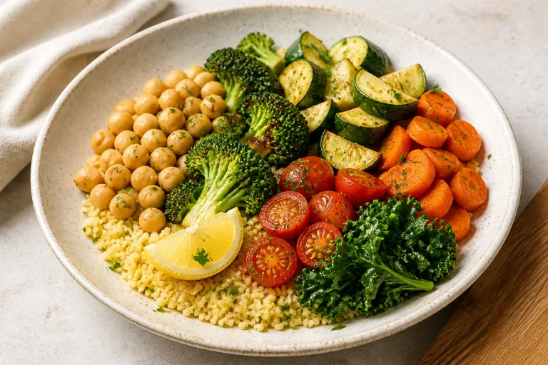 Editorial image showing pritikin chickpea millet roasted vegetable bowl.