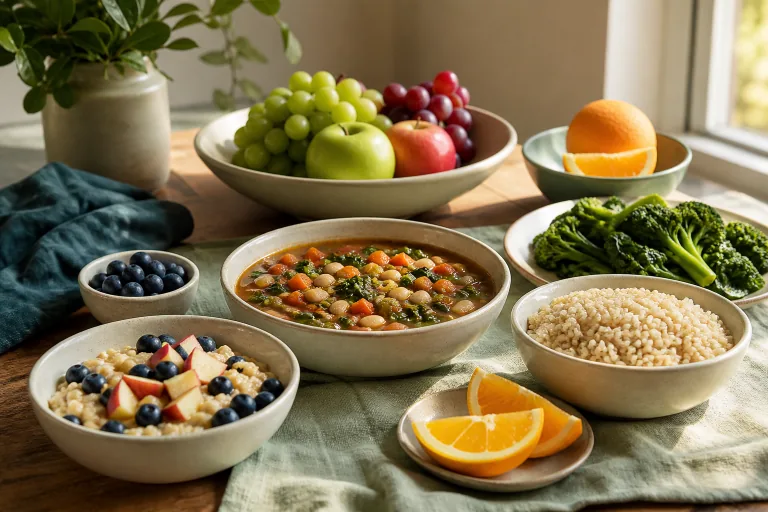 Pritikin-style spread with oatmeal, berries, apple, vegetable-bean soup, brown rice, broccoli and whole fruit.