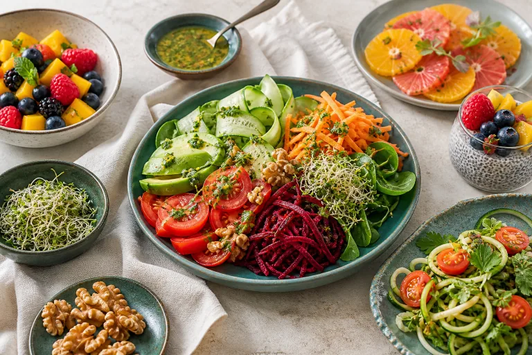 Raw-food spread with zucchini ribbons, tomatoes, cucumber, avocado, greens, beets, carrots, sprouts, berries, citrus, walnuts and chia pudding.