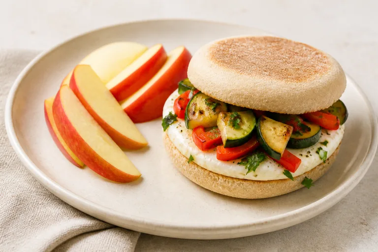 Editorial image showing renal egg white zucchini pepper breakfast sandwich.