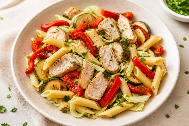 Editorial image showing renal turkey pasta red pepper bowl.