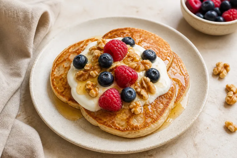 Editorial image showing scd almond flour banana pancakes yogurt.