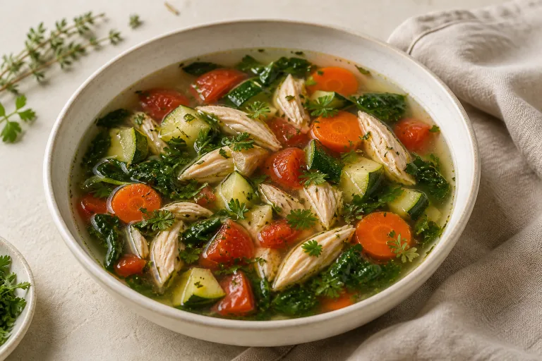 Editorial image showing scd chicken zucchini tomato soup.