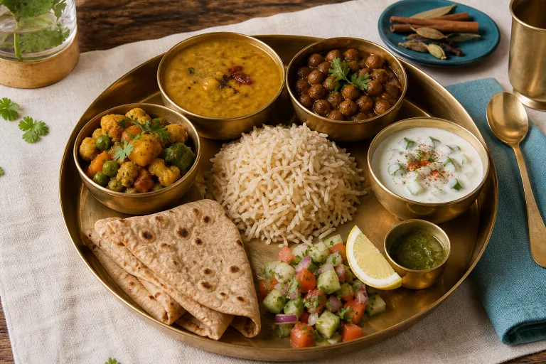 South Asian thali with lentil dal, chickpeas, vegetable sabzi, brown basmati rice, roti, cucumber raita and salad.