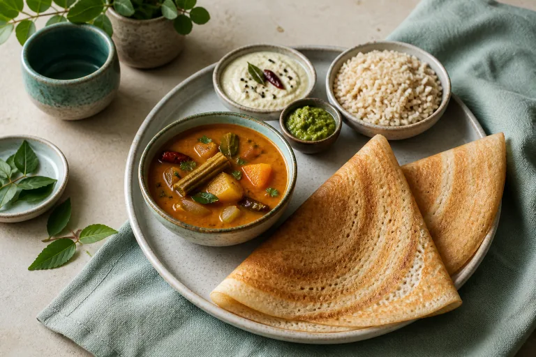 South Indian dosa and sambar set with vegetable chutneys and brown rice.