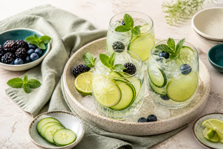 Zero-alcohol sparkling citrus and cucumber mocktail with lime, mint and berries.