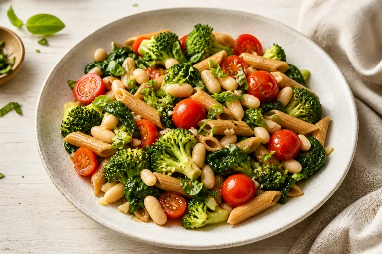 Editorial image showing tlc lentil pasta broccoli tomato.