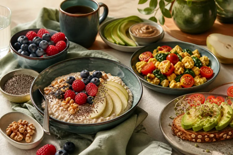 Vegan breakfast with oat porridge, berries, chia, walnuts, pear, tofu scramble, spinach, tomatoes and avocado toast.