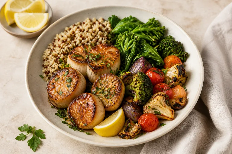 Editorial image showing vegan king oyster mushroom scallop bowl.