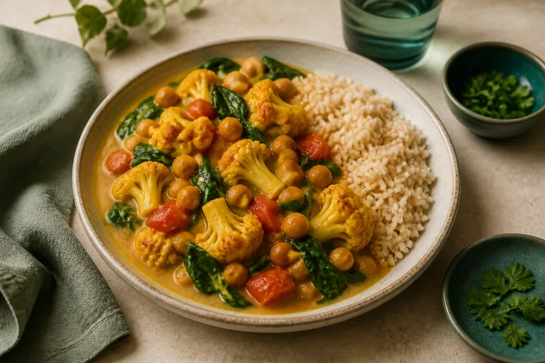 Vegetable chickpea coconut curry with cauliflower, spinach, tomatoes and brown rice.