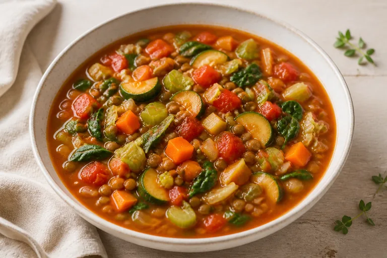Editorial image showing volumetrics tomato cabbage lentil soup.