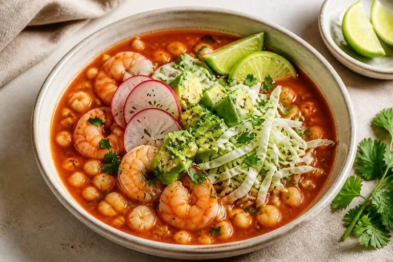 Editorial image showing weightwatchers shrimp hominy pozole.