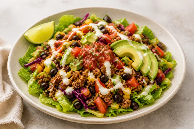Editorial image showing weightwatchers turkey black bean taco salad.