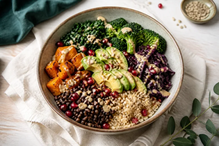 Whole-food plant-based bowl with roasted sweet potato, lentils, quinoa, broccoli, kale, cabbage, avocado and pomegranate.