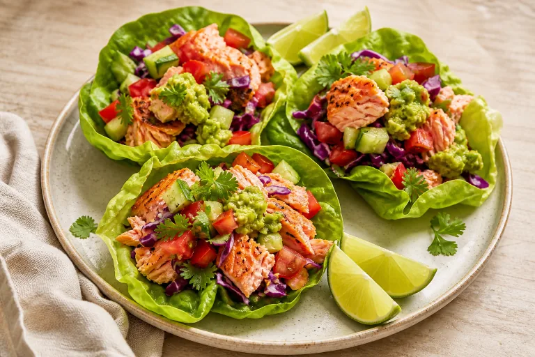 Editorial image showing whole30 salmon guacamole lettuce cups.